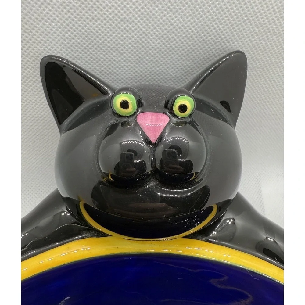 Department 56 Cat Trinket Bowl Blue Yellow Ceramic Decorative Pet Dish